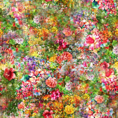 Yaprak ve çiçeklerin suluboya resmi, kusursuz desen