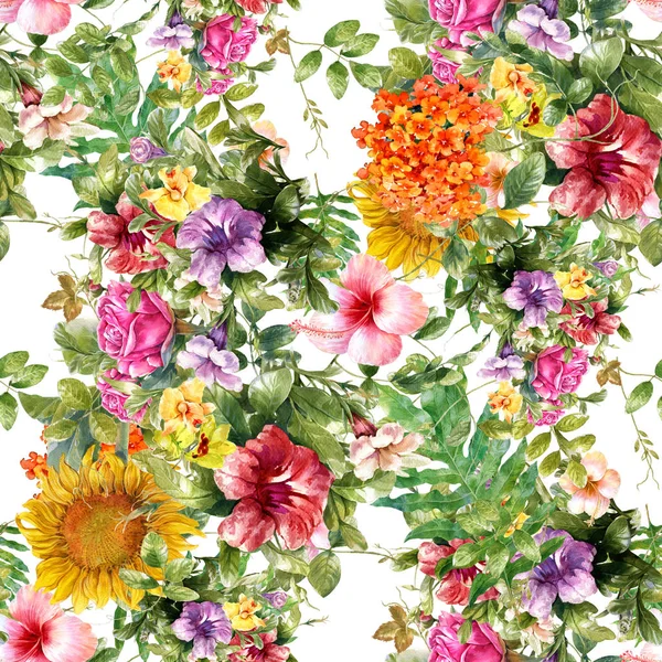 Aquarela pintura de folha e flores, padrão sem costura — Fotografia de Stock