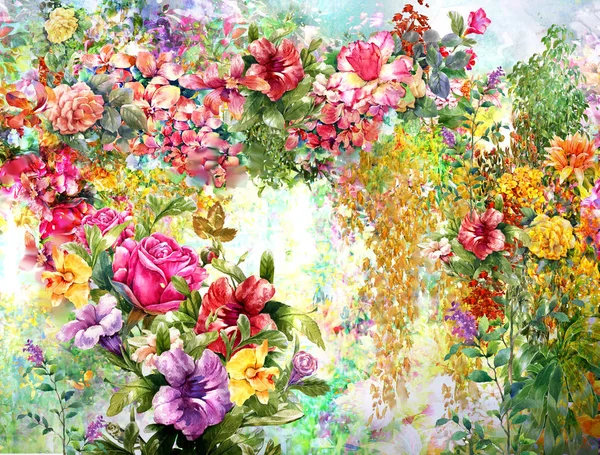 Soyut çiçek suluboya resim. Çok renkli çiçekler bahar 