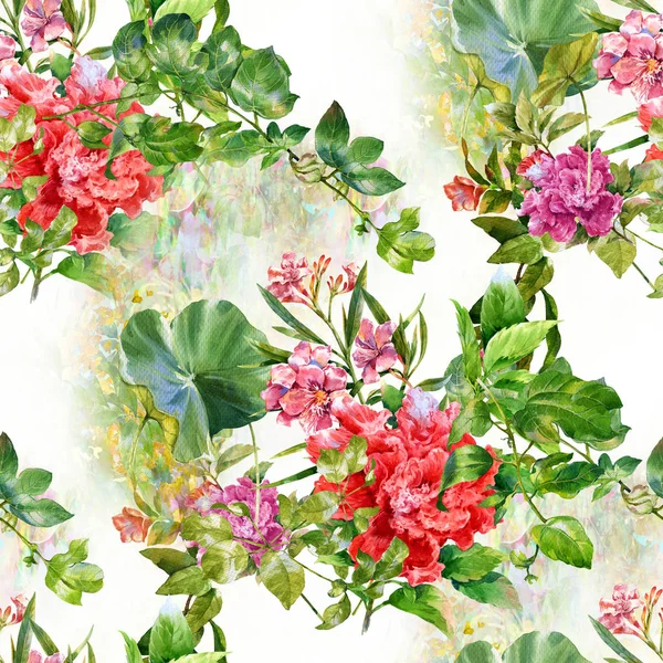 Aquarelle peinture de feuilles et de fleurs, motif sans couture — Photo