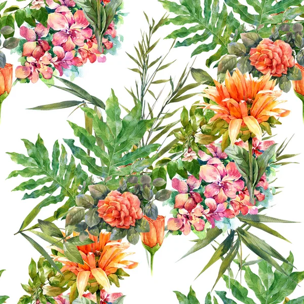 Aquarelverf van blad en bloemen, naadloos patroon — Stockfoto