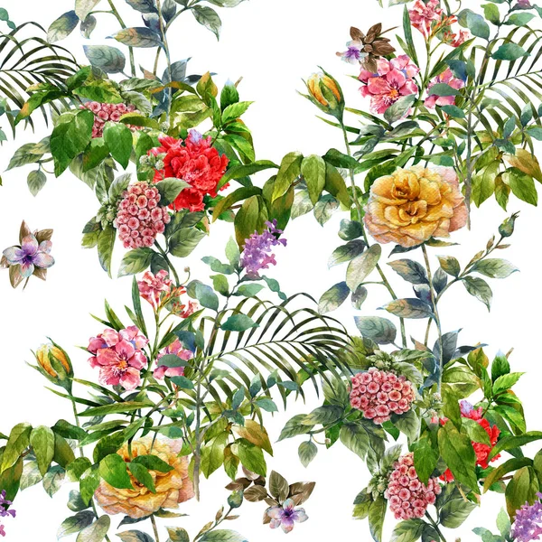 Pintura de acuarela de hojas y flores, patrón sin costuras — Foto de Stock