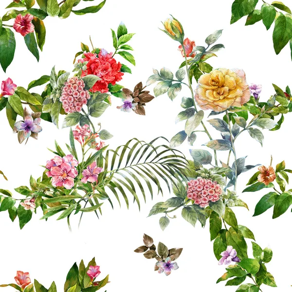 Aquarellmalerei von Blatt und Blumen, nahtloses Muster — Stockfoto