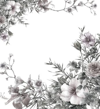 Beyaz arkaplanda yaprakların ve çiçeklerin suluboya resmi 