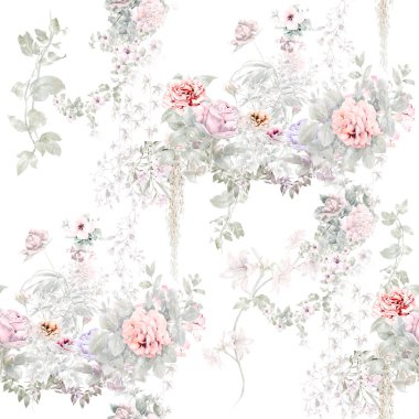 Yaprak ve çiçeklerin suluboya resmi, kusursuz desen