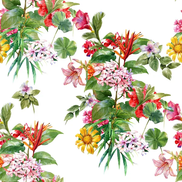 Akvarel malba listů a květin, hladký vzor — Stock fotografie