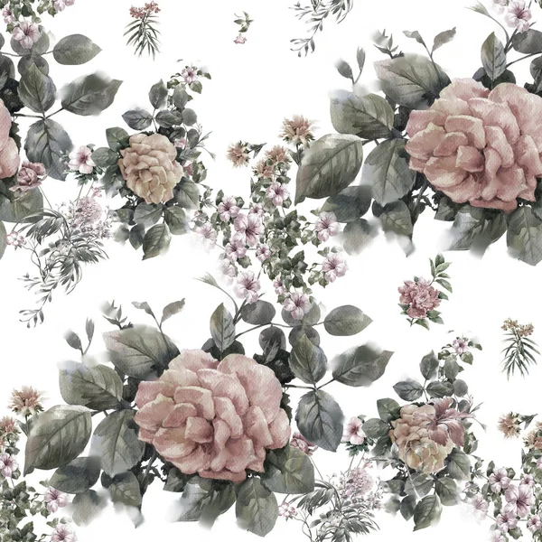 葉や花の水彩画、シームレスなパターン — ストック写真