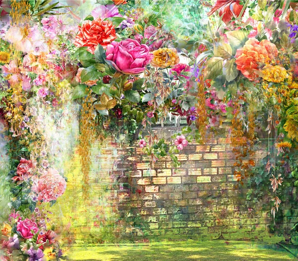 Flores abstratas na parede pintura aquarela. Primavera flores multicoloridas — Fotografia de Stock