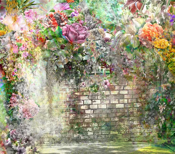 Αφηρημένα λουλούδια στον τοίχο ζωγραφική με νερομπογιές. Πολύχρωμα λουλούδια την άνοιξη — Φωτογραφία Αρχείου