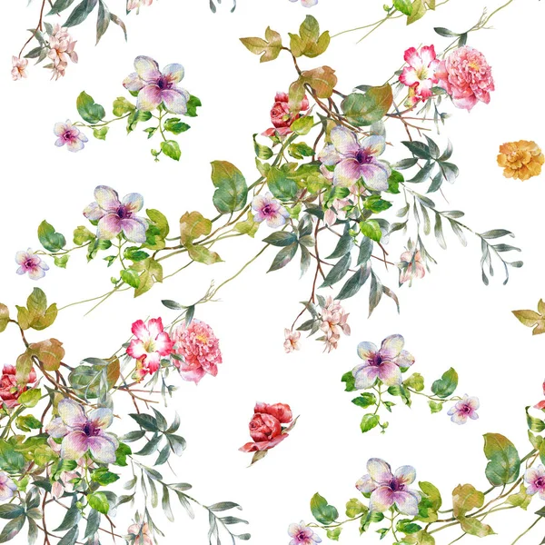 나뭇잎과 꽃을 물감으로 그린 그림, 솔기없는 무늬 — 스톡 사진