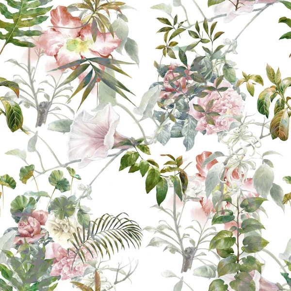 Watercolor painting of leaf and flowers, seamless pattern — Stock Photo, Image