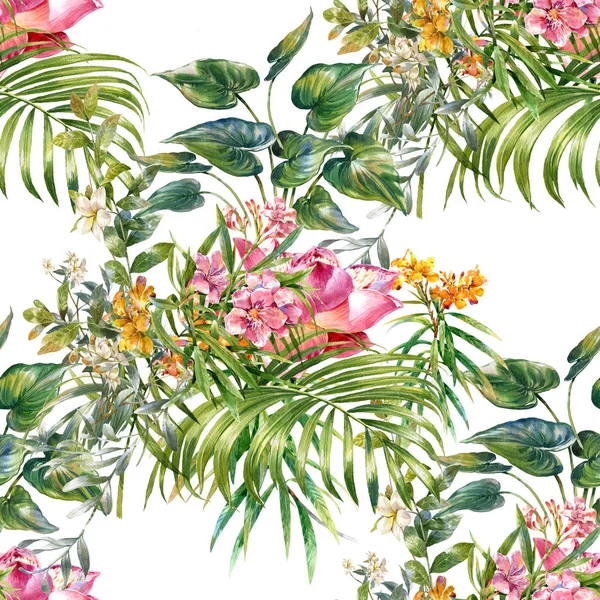 Watercolor painting of leaf and flowers, seamless pattern