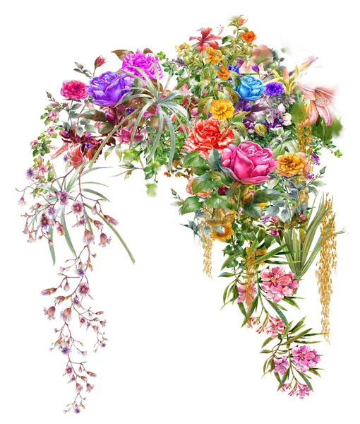 Akwarela malarstwo liści i kwiatów — Zdjęcie stockowe