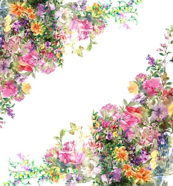 나뭇잎과 꽃의 수채화 그림 — 스톡 사진
