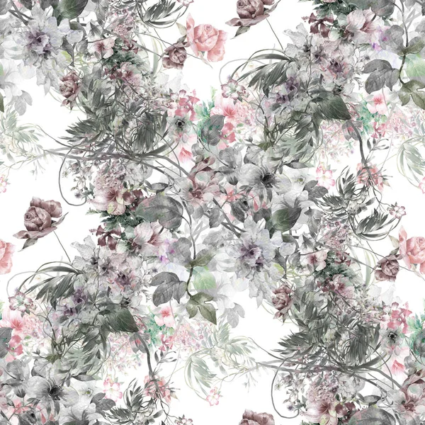 Aquarela pintura de folha e flores, padrão sem costura em branco — Fotografia de Stock