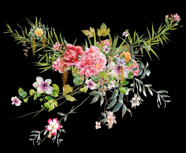 Malba akvarel listů a květin, na tmavé — Stock fotografie