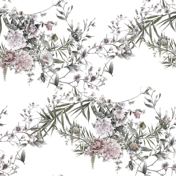 Акварельне розфарбування листя і квітів, безшовний візерунок на білому — стокове фото