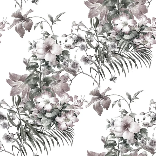 Akvarell målning av blad och blommor, sömlösa mönster på vit — Stockfoto