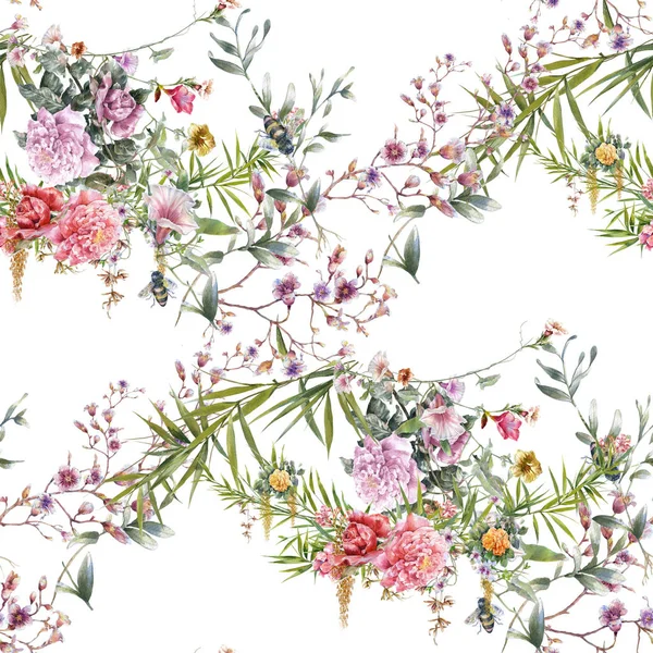 Ζωγραφική με νερομπογιές των φύλλων και των λουλουδιών, χωρίς ραφή πρότυπο σε λευκό — Φωτογραφία Αρχείου