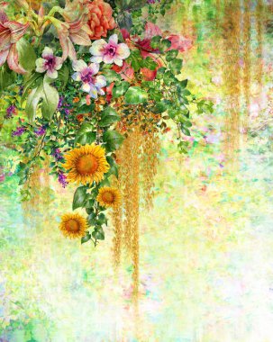 Soyut renkli çiçekler suluboya resim. Bahar çok renkli çizimi