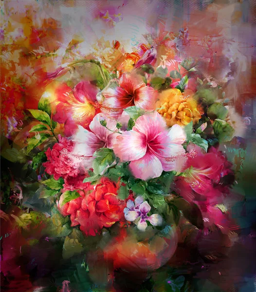 Abstract colorful flowers watercolor painting. Spring multicolored flowers illustration — Stock Photo, Image
