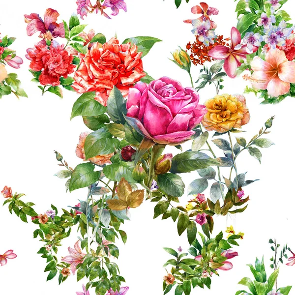 Aquarelle peinture de feuilles et fleurs, motif sans couture sur fond blanc illustration — Photo