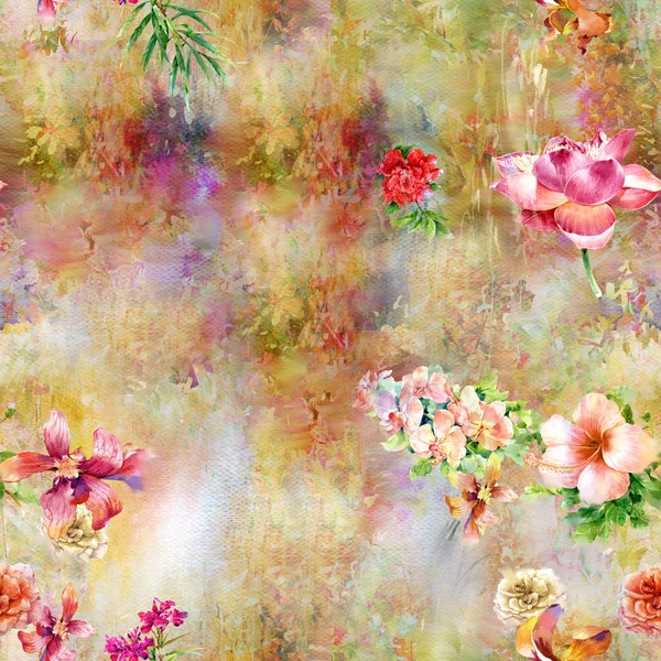 Ζωγραφική με νερομπογιές των φύλλων και λουλουδιών, χωρίς ραφή πρότυπο εικονογράφηση — Φωτογραφία Αρχείου