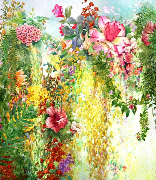 다채로운 꽃 수채화 그림을 추상화 합니다. 봄 색된 그림 — 스톡 사진