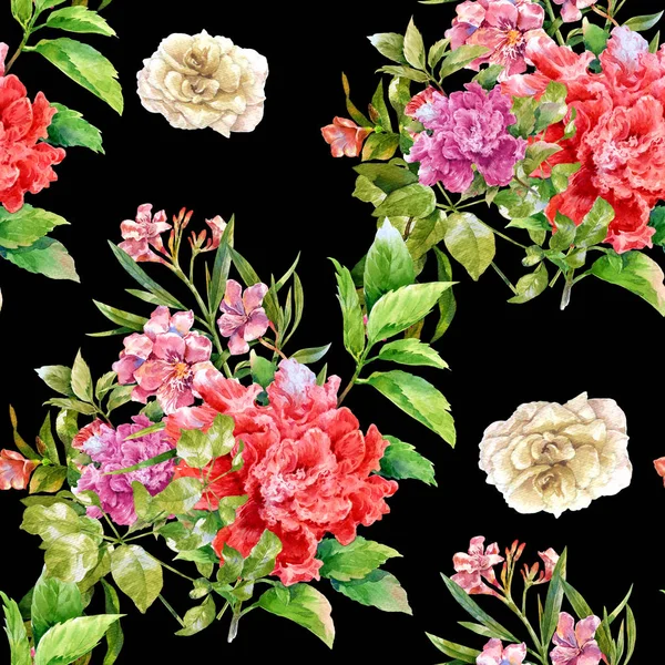 Acuarela pintura de hojas y flores, patrón sin costuras sobre fondo oscuro ilustración —  Fotos de Stock