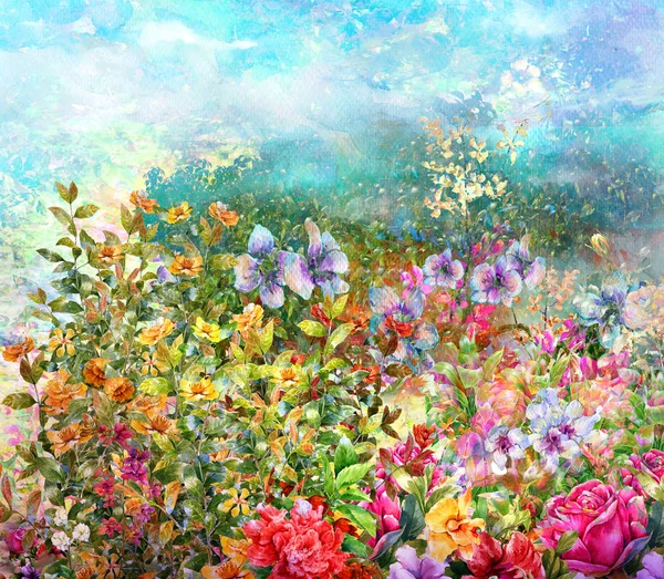 Akwarela Malarstwo abstrakcyjne, kolorowe kwiaty. Ilustracja wielobarwny wiosna — Zdjęcie stockowe