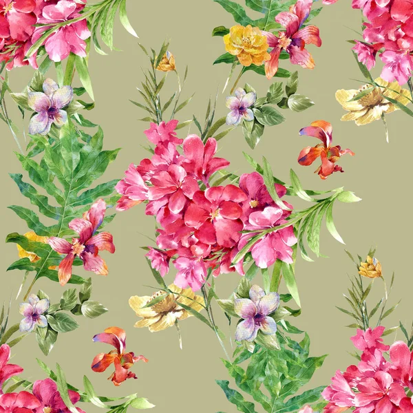 Pintura aquarela de folha e flores, ilustração padrão sem costura — Fotografia de Stock