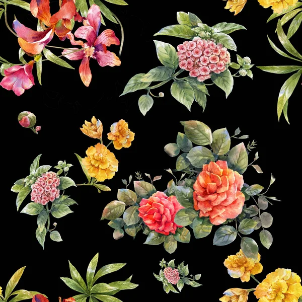 Aquarela pintura de folha e flores, padrão sem costura em fundo escuro ilustração — Fotografia de Stock