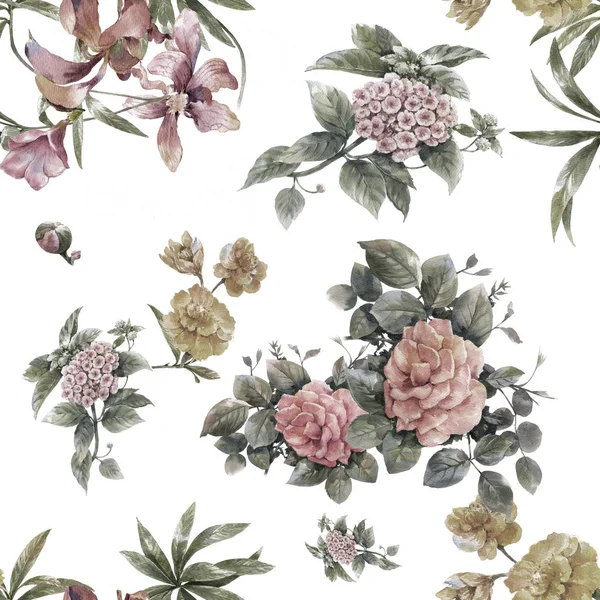 水彩绘画的叶和花，无缝模式上白色背景图 — 图库照片