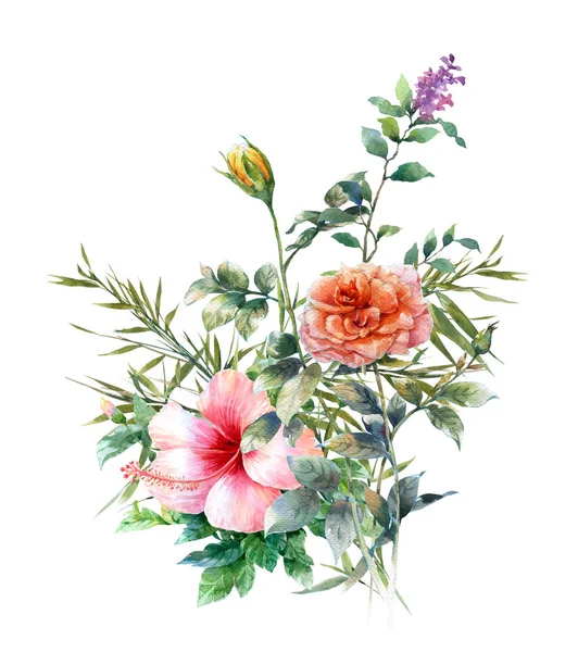 Aquarela pintura de folhas e flores, sobre fundo branco ilustração — Fotografia de Stock
