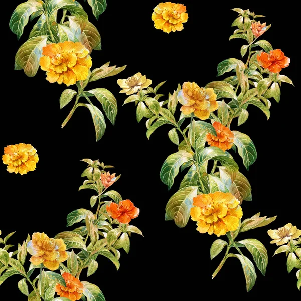 Yaprak ve çiçek, suluboya resim üzerinde koyu arka plan illüstrasyon seamless modeli — Stok fotoğraf