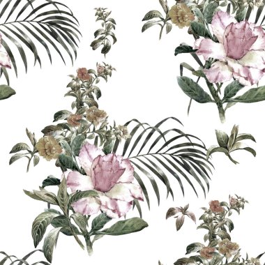 Suluboya resim beyaz üzerine Dikişsiz desen yaprak ve çiçek,