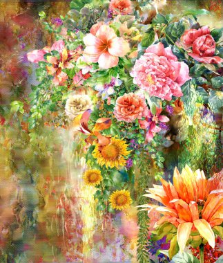 Soyut renkli çiçekler suluboya resim. Bahar çok renkli 