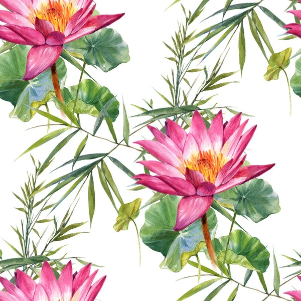 Watercolor painting of leaf and flowers, seamless pattern on white