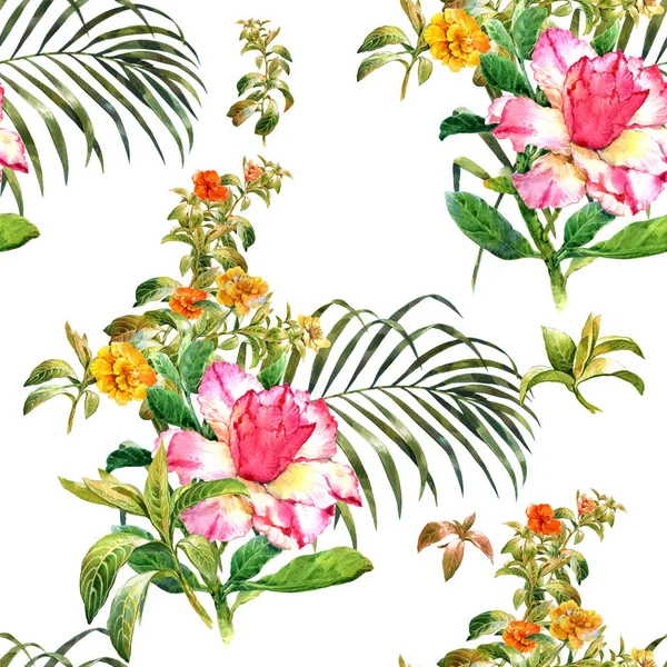 Watercolor painting of leaf and flowers, seamless pattern on white