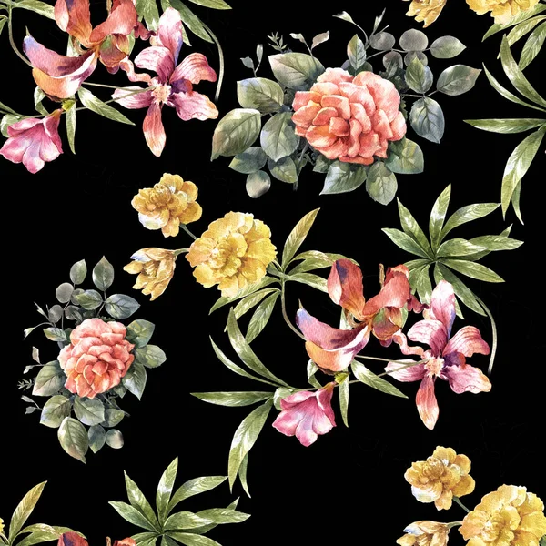 Malba akvarel listů a květů, bezešvé vzor na tmavé — Stock fotografie