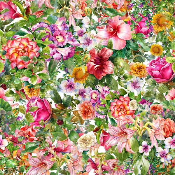 Pintura de acuarela de hojas y flores, patrón sin costuras en blanco —  Fotos de Stock