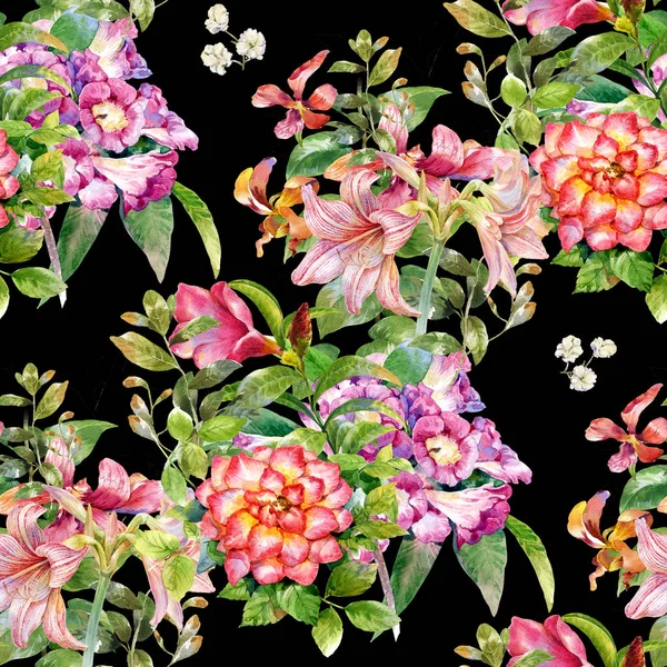 Υδατογραφία φύλλων και λουλουδιών, χωρίς ραφή μοτίβο — Φωτογραφία Αρχείου