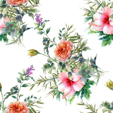 Suluboya resim beyaz üzerine Dikişsiz desen yaprak ve çiçek,