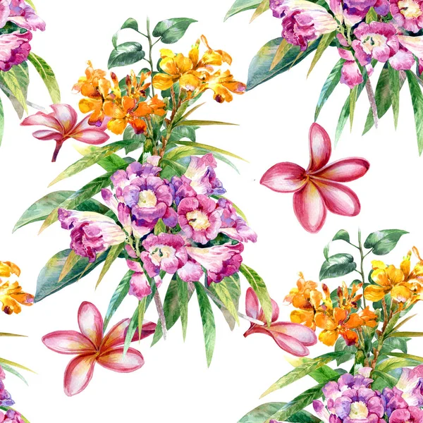Aquarela pintura de folha e flores, padrão sem costura em branco — Fotografia de Stock