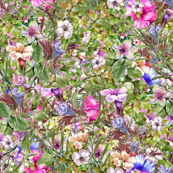 Aquarelverf van blad en bloemen, naadloos patroon — Stockfoto