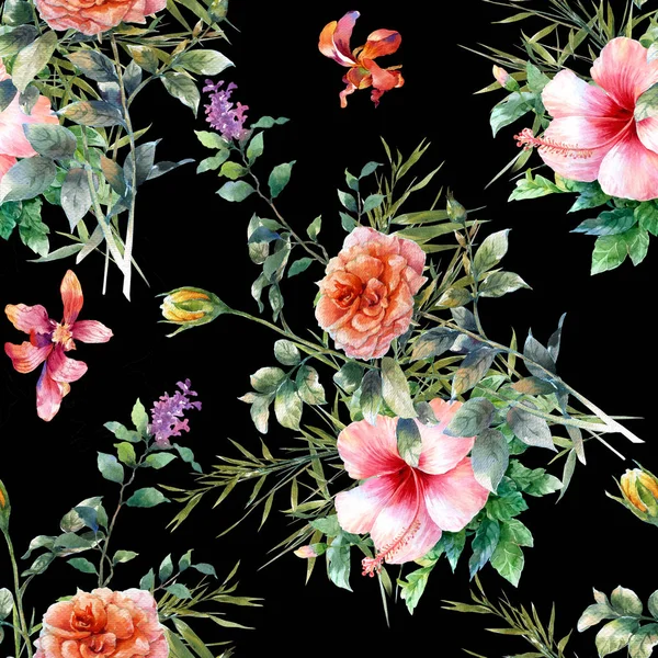 Ζωγραφική με νερομπογιές των φύλλων και των λουλουδιών, χωρίς ραφή πρότυπο στο σκοτάδι — Φωτογραφία Αρχείου
