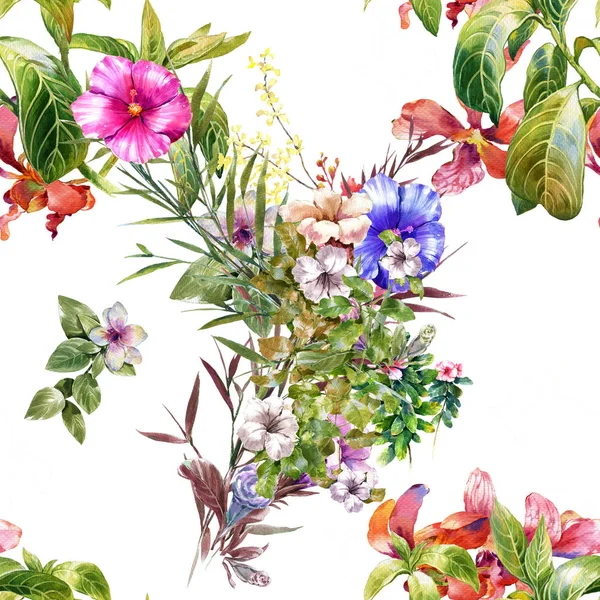 Aquarelle peinture de feuilles et fleurs, motif sans couture sur blanc — Photo