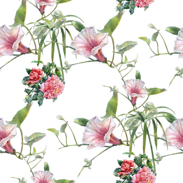 Akwarela malarstwo liści i kwiatów, wzór biały — Zdjęcie stockowe