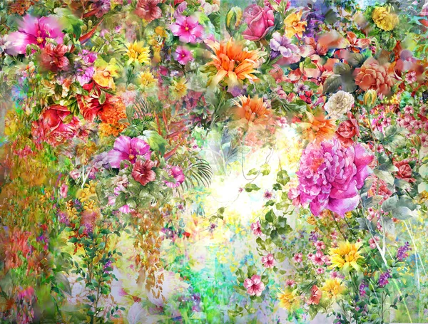 Αφηρημένη ζωγραφική με νερομπογιές πολύχρωμα λουλούδια. Άνοιξη — Φωτογραφία Αρχείου