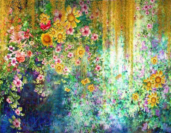 抽象的七彩花朵水彩画。春天 — 图库照片